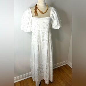 Kings Road White Eyelet Midi Dress Puff Short Sleeve
Smocked Back Boho SZ L EUC
